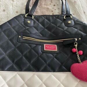 Betsey Johnson Black and Cream Quilted Tote with Pink Charm